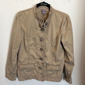 Laura Scott Tan Khaki ruffle trim jacket sz Small EUC
